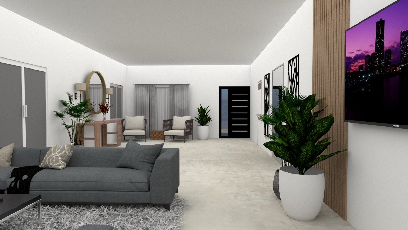 Sala de estar moderna com sofá cinza, plantas e painéis de madeira — projeto DISEÑOS, por Kardiona, em Villa Elisa